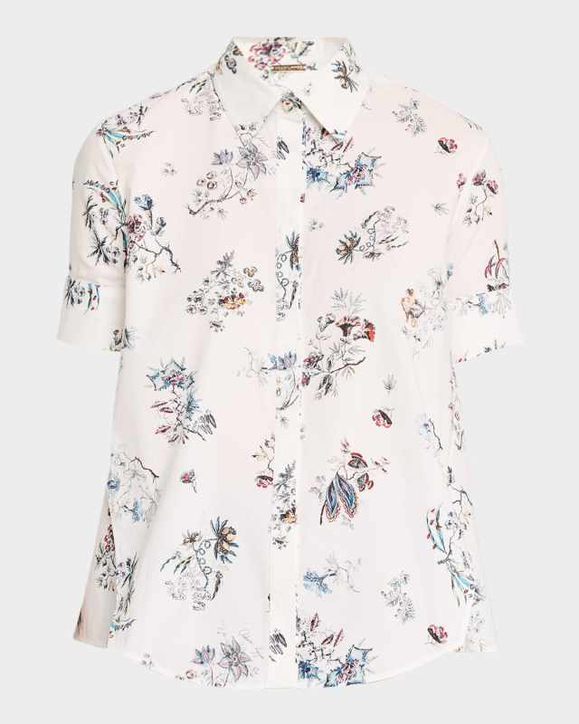 Floral-Print Poplin Short-Sleeve Trapeze Shirt
